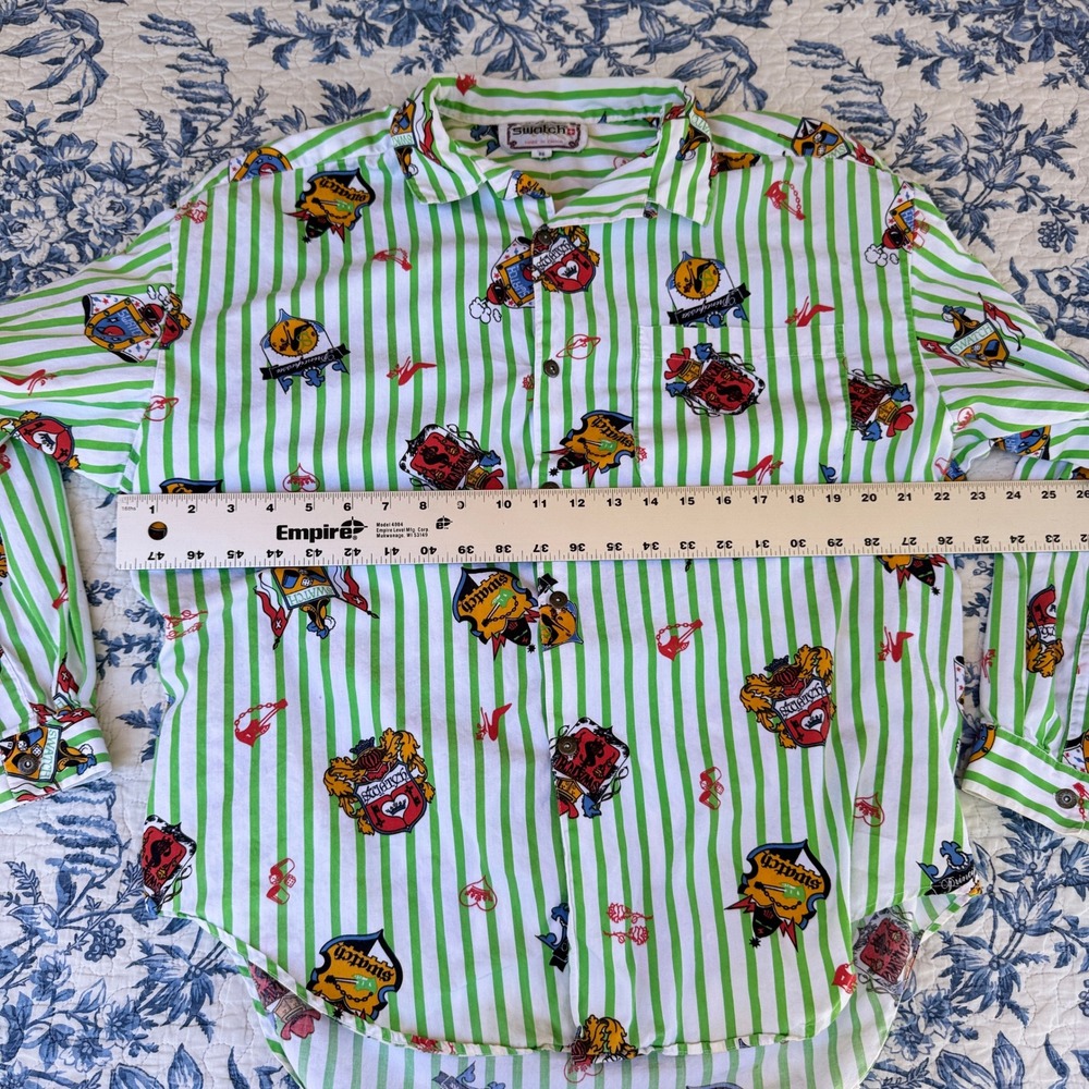 VTG! Swatch Green Striped Button Down Long Sleeve Shirt Big 2XL Quirky Logo - Picture 11 of 16